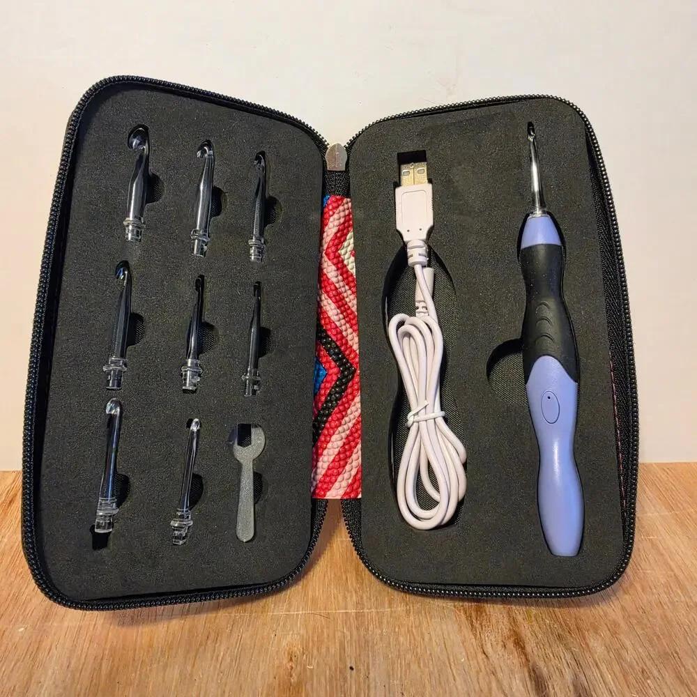 9-in-1 USB Rechargeable LED lighted Crochet Hook Set with zippered case